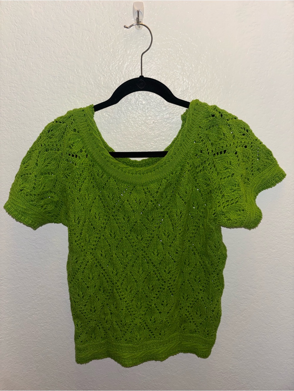Vintage Women's Green Hand Knit Pointelle 100% Cotton Short Sleeve Top